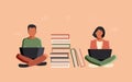 Pretty purposeful girl and boy are sitting together with laptops among books and textbooks. Online education concept in flat Royalty Free Stock Photo