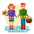 Girl and boy with leaves and basket