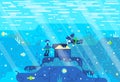 Girl and boy, little scuba divers near treasure chest on the seabed - vector illustration in game stile