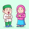 Girl and Boy Moslem Cartoon. Vector Icon Illustration, Isolated on Premium Vector