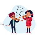 Girl and boy musicians. Happy children playing violins. Music school concert. Flat style vector illustration.
