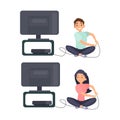 Girl and boy playing video games illustration in color cartoon style. Editable vector graphic design. Royalty Free Stock Photo