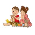 Girl and boy plays with toys