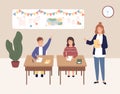 Girl and boy pupils sitting on desks at classroom during lesson vector flat illustration. Active male kid raising hand