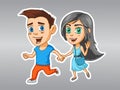 A boy and a girl jumping happily holding hands, cartoon characters, stickers with emotions