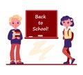 Girl and boy at the school blackboard. Back to school. Vector illustration in flat cartoon style. Royalty Free Stock Photo