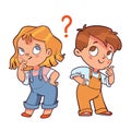 Girl and a boy stand pondering a question. Colorful cartoon characters