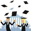 Girl and boy students in academic gown and cap received a diploma and rejoices Vector flat illustration