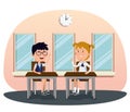 girl and boy students in the desk with uniform and clock