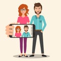 Girl and boy taking self photo. Social media network concept. Selfie concept. Flat vector