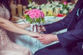 Engageds on the background of flowers . Pink flowers . A bride in a white Engagement dress with a bridal bouquet in her hand is Royalty Free Stock Photo