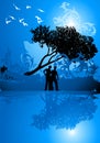Girl, boy, tree, water, birds Royalty Free Stock Photo