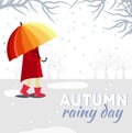 Girl and boy with umbrella in a autumn raining day background concept. Vector illustration design