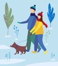 girl and boy walking a dog in winter park. family walk. Flat illustration Royalty Free Stock Photo