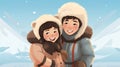 A girl and a boy in a warm Eskimo fur jacket and hood close-up against the backdrop of winter mountains