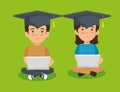 Girl and boy wearing cap graduation and laptop