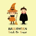 The girl and boy wearing Halloween costume on yellow background. Royalty Free Stock Photo