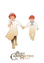 Girl and boy, wearing retro clothes, running and jumping isolated on white background