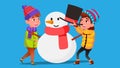 Girl And Boy In Winter Clothes Mold A Big Snowman Vector. Isolated Illustration