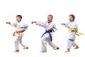 Girl and boys in karategi are beating punch hand Royalty Free Stock Photo