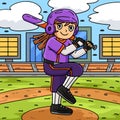 Girl Bracing Baseball Bat Colored Cartoon