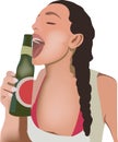 Girl with braid drinks beer from bottle-