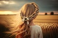 girl with a braided braid hair in a wheat field Generative AI