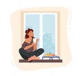 Girl Breakfast, Home Relaxation. Young Woman Sitting on Windowsill with Cup, Drinking Coffee with Fruits at Morning