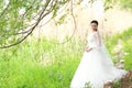 Girl bride in wedding dress with elegant hairstyle, with white wedding dress Standingin the grass by the river Royalty Free Stock Photo