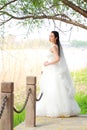 Girl bride in wedding dress with elegant hairstyle, with white wedding dress Standingin the grass by the river Royalty Free Stock Photo