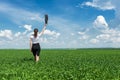 Girl with a briefcase walking on grass Royalty Free Stock Photo