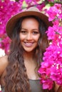 Girl among bright pink blooms Royalty Free Stock Photo