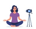 The girl is broadcasting yoga classes in her apartment. Young woman making meditation in lotus pose. Online Yoga Concept. Vector Royalty Free Stock Photo