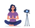 The girl is broadcasting yoga classes in her apartment. Young woman making meditation in lotus pose. Online Yoga Concept. Vector Royalty Free Stock Photo