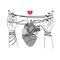 Girl broken heart. Red hearts broke symbol line sketch vector illustration, woman person hands binding relationship gens