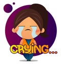 Girl with brown ponytail is crying, illustration, vector