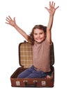 girl brunette baby sitting in suitcase for travel isolated on wh Royalty Free Stock Photo