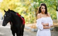 Girl brunette lady posing against the backdrop of a horse. Royalty Free Stock Photo