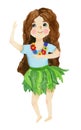 A girl, a brunette in a skirt of palm trees, dances a Hawaiian dance with flowers.