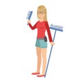 Girl With Brush And Broom, Cartoon Adult Characters Cleaning And Tiding Up