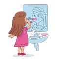 Girl brushing teeth standing near sink with tap and looking at mirror reflection in bathroom. Everyday mouth hygiene Royalty Free Stock Photo