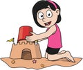 Girl Build Sand Castle Color Illustration