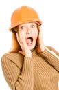 Girl in a building helmet. Royalty Free Stock Photo