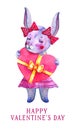 Girl bunny holding heart shape box. Saint Valentines day design template. Hand drawn watercolor Royalty Free Stock Photo