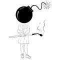 Girl burned match head.Emotional burnout, Exhausted, frustrated worker, school stress.Bomb and match.Doodle person Royalty Free Stock Photo