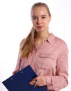 Girl in business clothes holding folder and pen Royalty Free Stock Photo