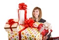 Girl in business suit with group of gift box. Royalty Free Stock Photo