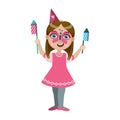 Girl In Butterfly Make Up With Fireworks, Part Of Kids At The Birthday Party Set Of Cute Cartoon Characters With Royalty Free Stock Photo