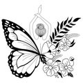 Girl butterfly with raised hands and flowers. Drawn in the style of minimalism. The design is suitable for tattoo, logo, decor Royalty Free Stock Photo