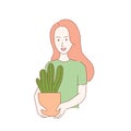 Girl with cactus in a pot flat design Royalty Free Stock Photo